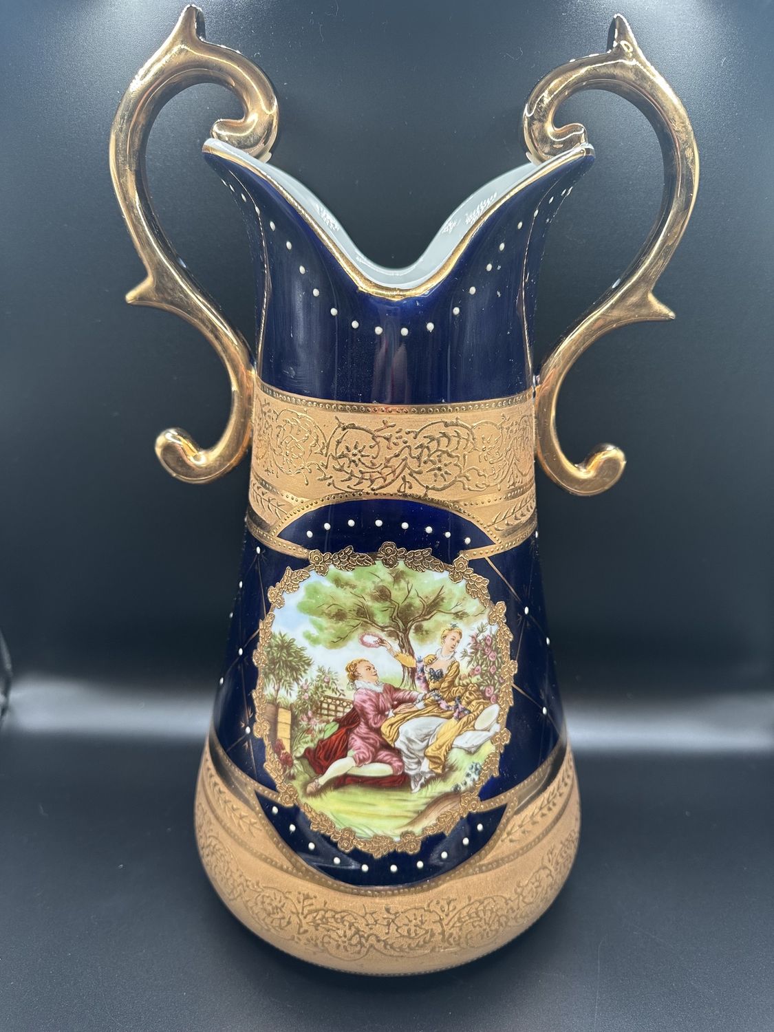 Porcelain. France. Limoges. Large Two-Handled Vase or Water Vessel. Cobalt Blue &amp; Gold. 14.75&quot;H
