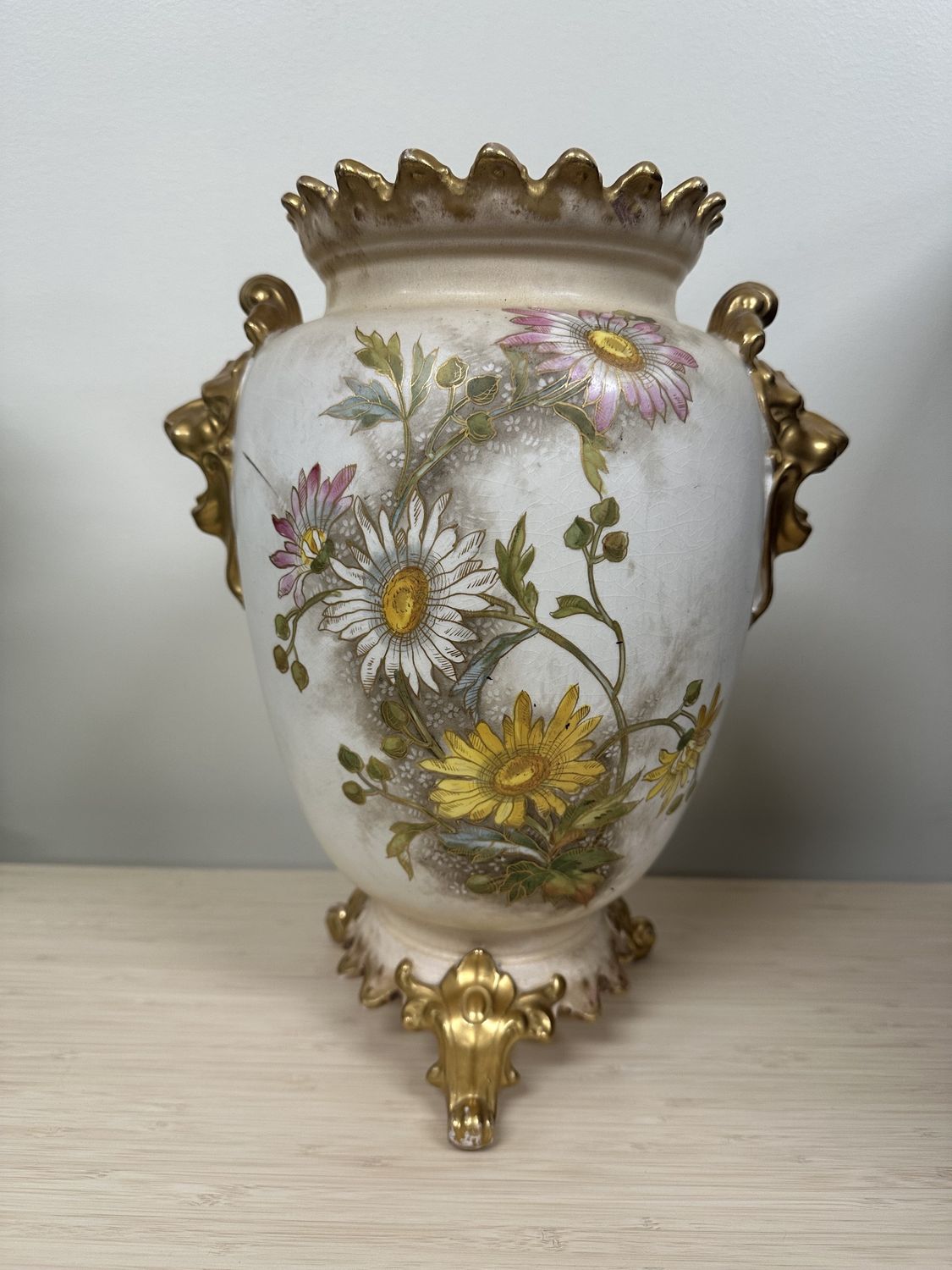 Porcelain. Germany. Royal Bonn. Antique Vase. Ivory with Hand-Painted Daisies &amp; Gold Trim. 14.25&quot;H