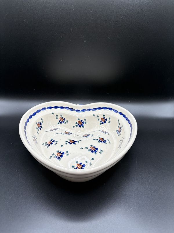 Polish Pottery. Poland. Heart-shaped Bowl. Off-white w/Blue &amp; Brown Flowers. 8"W