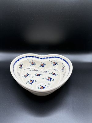Polish Pottery. Poland. Heart-shaped Bowl. Off-white w/Blue &amp; Brown Flowers. 8"W
