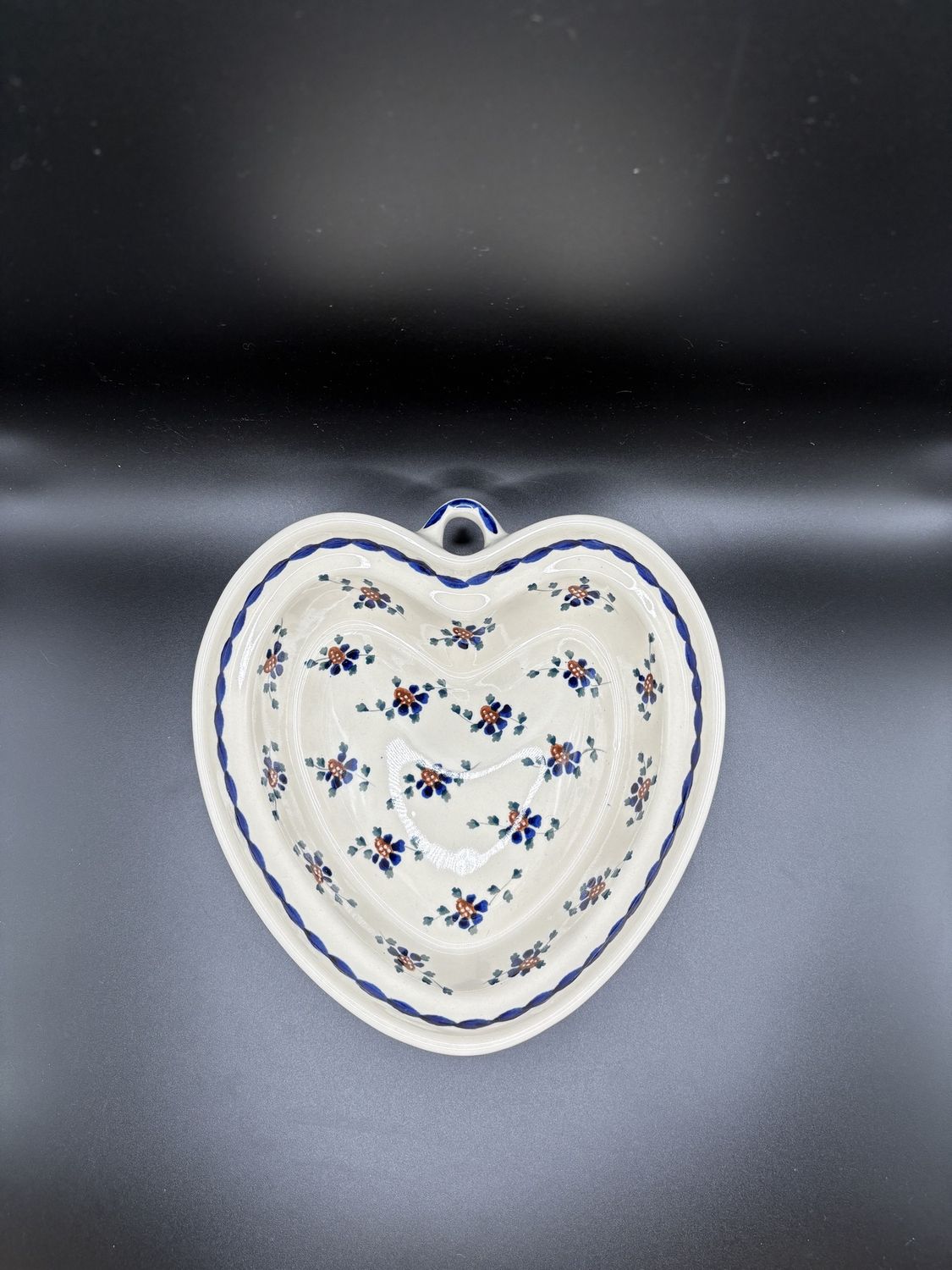 Polish Pottery. Poland. Heart-shaped Bowl. Off-white w/Blue &amp; Brown Flowers. 8&quot;W