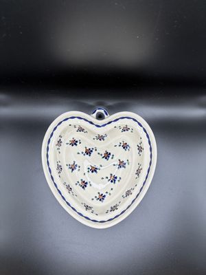 Polish Pottery. Poland. Heart-shaped Bowl. Off-white w/Blue &amp; Brown Flowers. 8"W