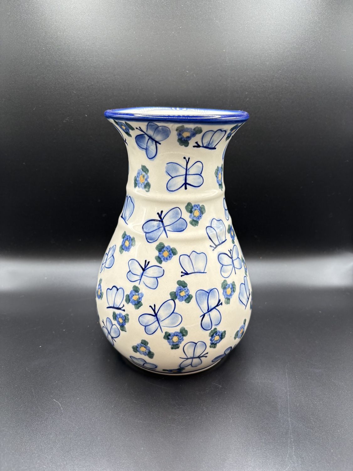 Polish Pottery. Poland. Unikat. Wide-base Vase with Blue Butterflies. 8.5&quot;H