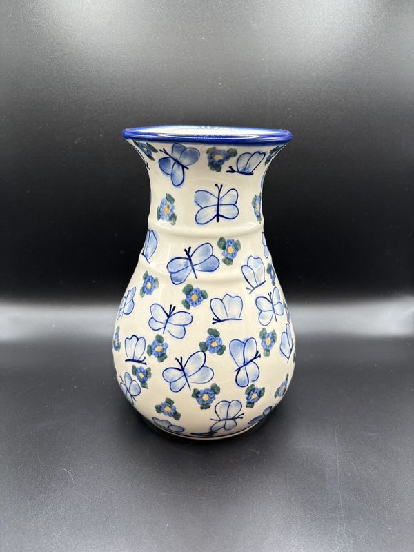 Polish Pottery. Poland. Unikat. Wide-base Vase with Blue Butterflies. 8.5&quot;H