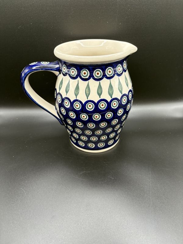 Polish Pottery. Poland. Pitcher. Peacock Pattern. 7"H