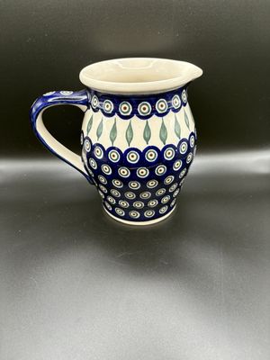 Polish Pottery. Poland. Pitcher. Peacock Pattern. 7"H
