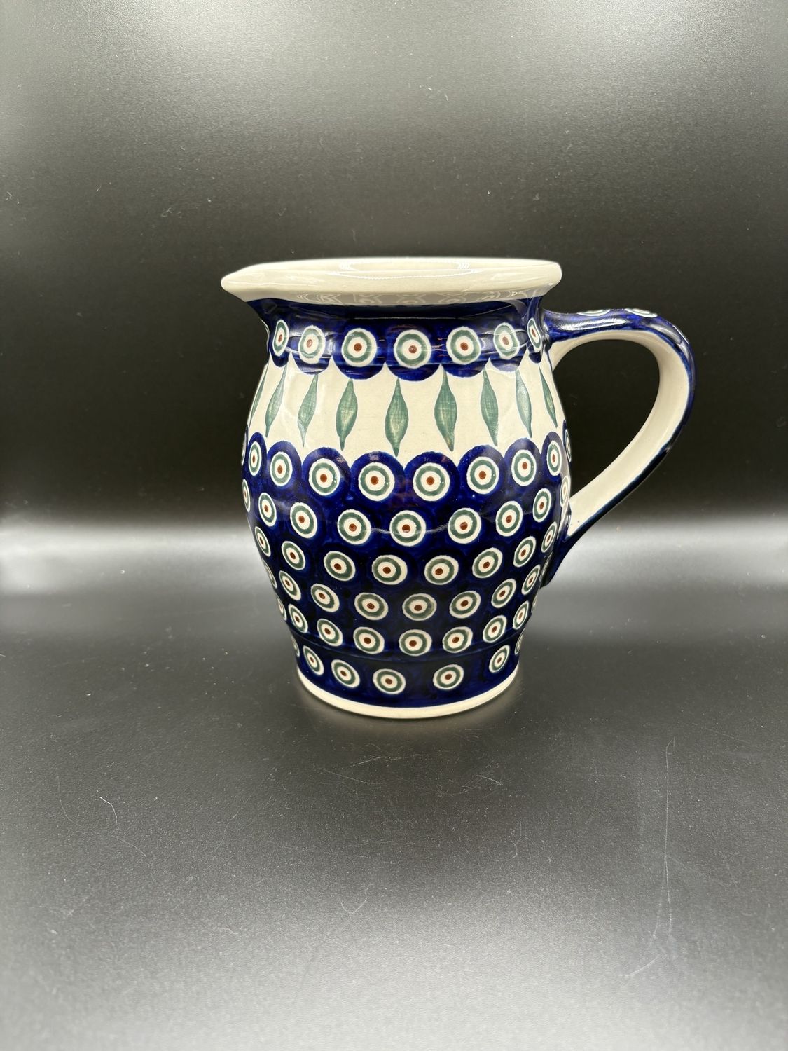 Polish Pottery. Poland. Pitcher. Peacock Pattern. 7&quot;H