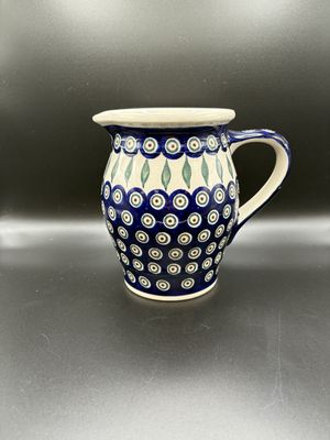 Polish Pottery. Poland. Pitcher. Peacock Pattern. 7"H