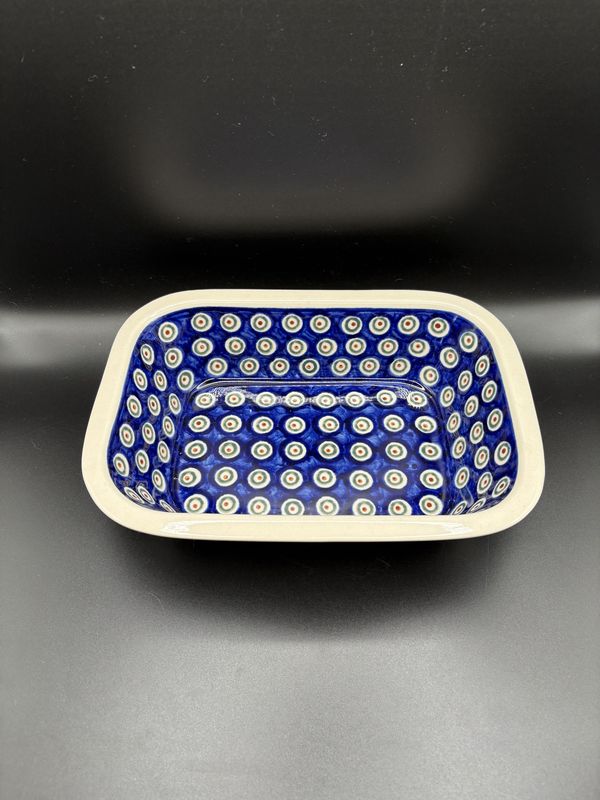 Polish Pottery. Poland. Rectangular Serving Dish/Baker. Peacock Pattern. 9.75"W x 7"L