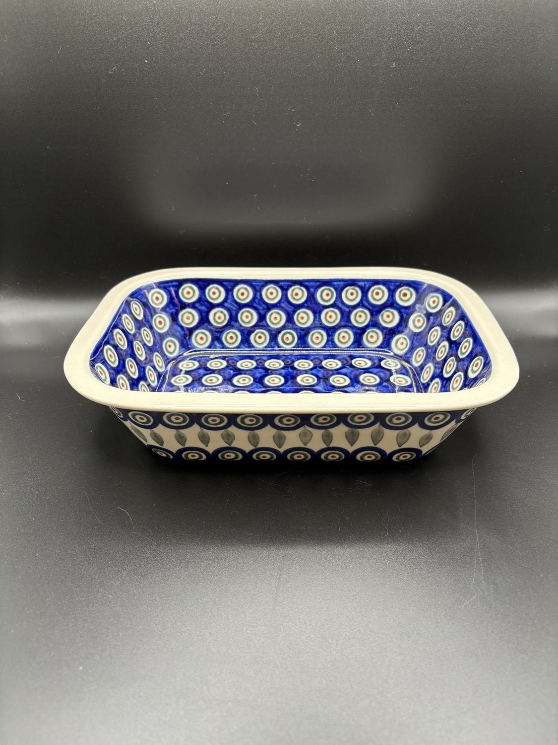 Polish Pottery. Poland. Rectangular Serving Dish/Baker. Peacock Pattern. 9.75&quot;W x 7&quot;L