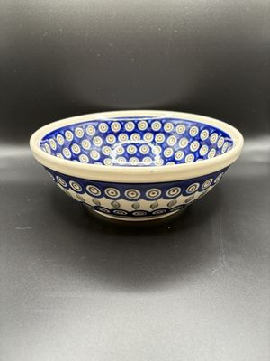 Polish Pottery. Poland. Round Serving Bowl. Peacock Pattern. 9.5'W