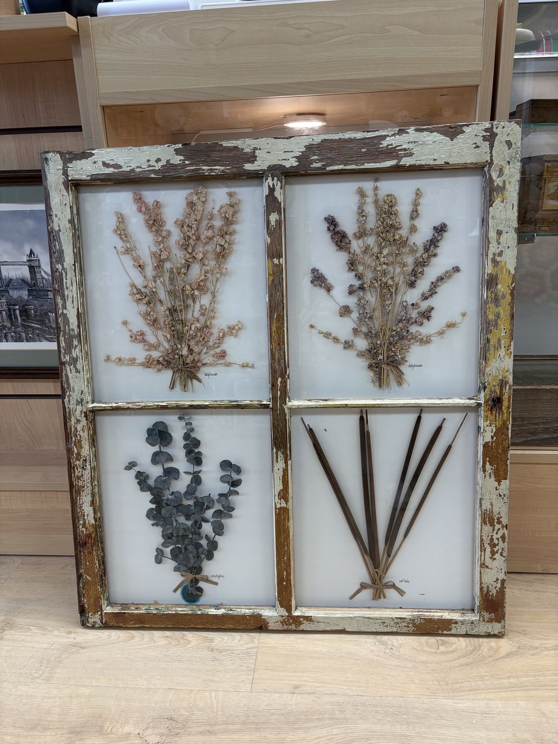Artwork. 4 Paned Window Frame w/Dried Flowers. 28.5&quot;Wx31.5&quot;H