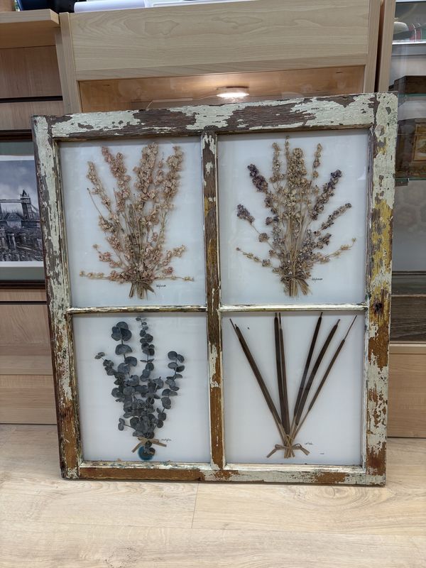 Artwork. 4 Paned Window Frame w/Dried Flowers. 28.5&quot;Wx31.5&quot;H