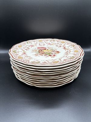 Porcelain. England. Royal Doulton. Vintage Plate(s). "The Glendale Brown Multicolor" Pattern (produced 1935-1949). Scalloped Edge. 9.5"W (Set of 11)
