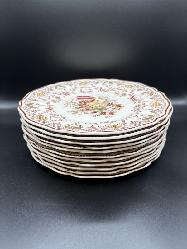Porcelain. England. Royal Doulton. Vintage Plate(s). &quot;The Glendale Brown Multicolor&quot; Pattern (produced 1935-1949). Scalloped Edge. 9.5&quot;W (Set of 11)