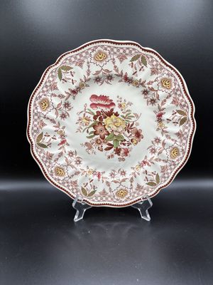 Porcelain. England. Royal Doulton. Vintage Plate(s). "The Glendale Brown Multicolor" Pattern (produced 1935-1949). Scalloped Edge. 9.5"W (Set of 11)