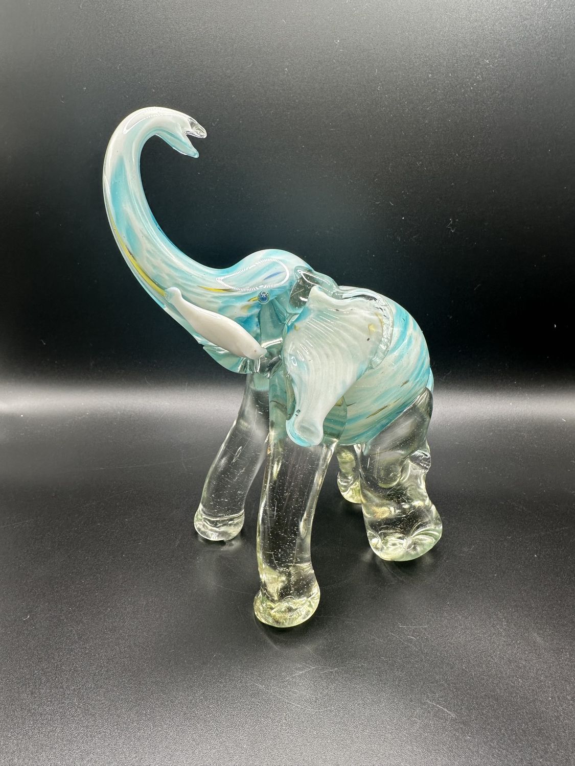 Figurine. Italy. Elephant. Murano Blown Glass. White &amp; Turquoise. 7.5&quot;H