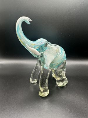 Figurine. Italy. Elephant. Murano Blown Glass. White &amp; Turquoise. 7.5"H