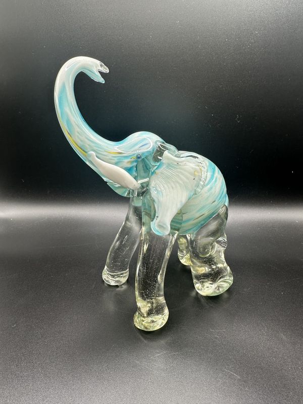 Figurine. Italy. Elephant. Murano Blown Glass. White &amp; Turquoise. 7.5&quot;H