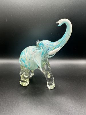 Figurine. Italy. Elephant. Murano Blown Glass. White &amp; Turquoise. 7.5"H