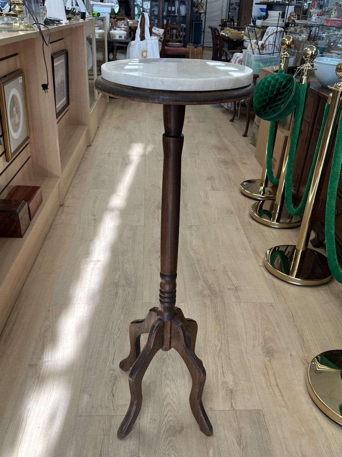 Furniture. Plant Stand. Wood w/Round Marble Top. Antique. 38.5&quot;H x 12.75&quot;W