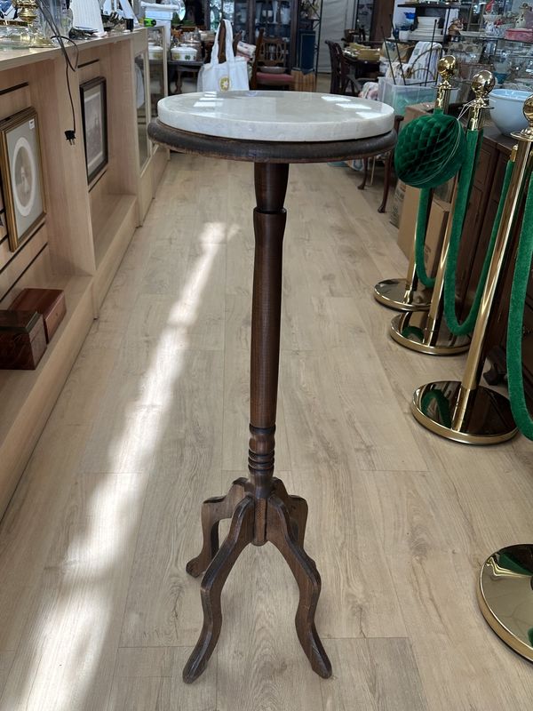 Furniture. Plant Stand. Wood w/Round Marble Top. Antique. 38.5&quot;H x 12.75&quot;W