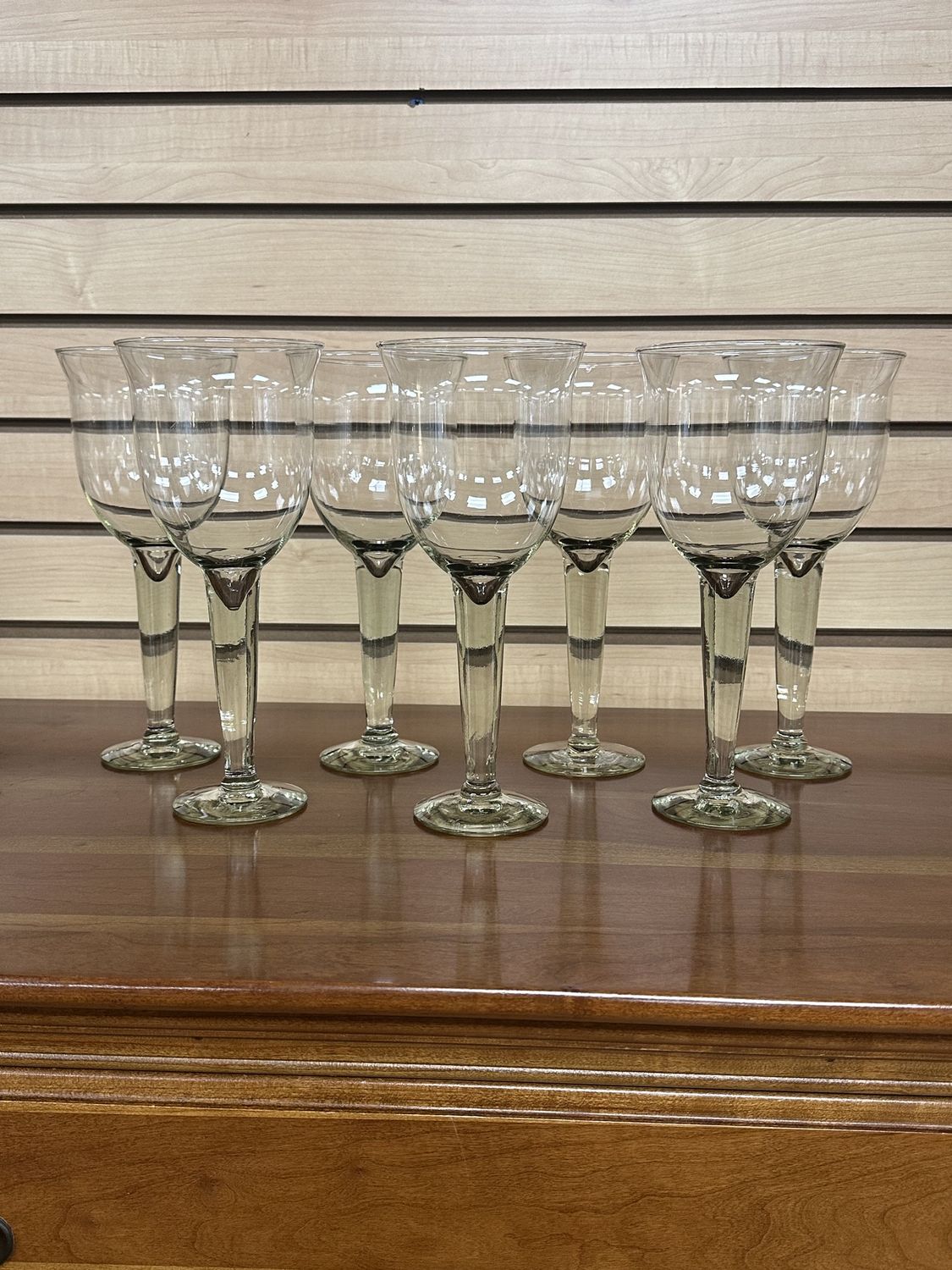 Glass. Water Goblets (Set of 7). Pale Green. 4&quot;W x 9.75&quot;H
