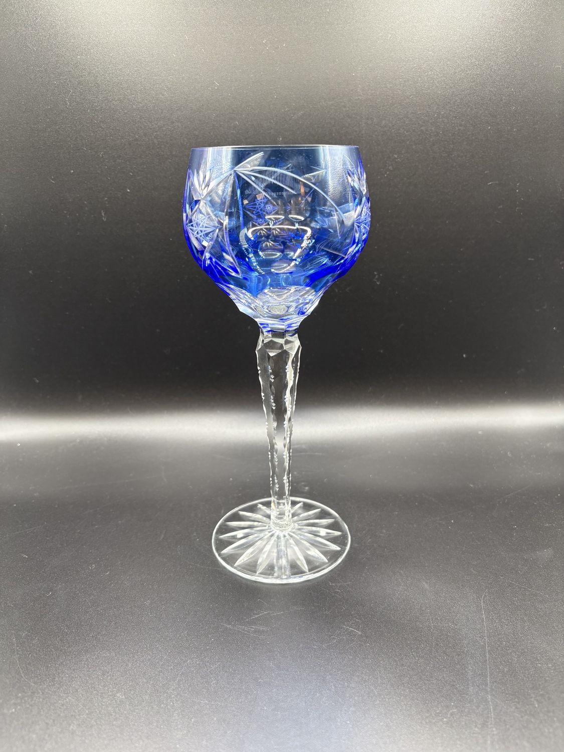 Crystal. Wine Glass, Cut-to-Clear, Cobalt Blue. 8.25&quot;H