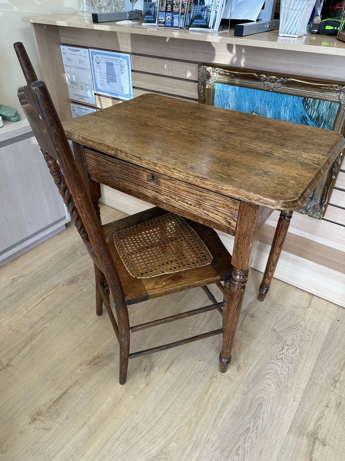 Furniture. Small Desk with Chair. Oak. Antique or Vintage. 30&quot;W x 30&quot;H x 19.5&quot;D