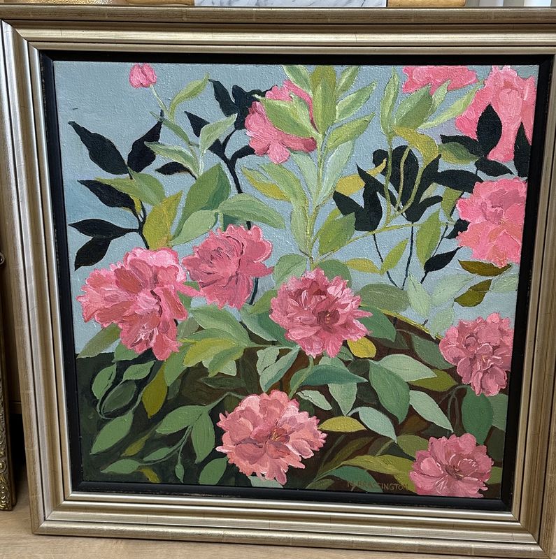 Artwork (Painting). N Brassington. Pink Peonies w/Green &amp; Black Accents. 28"W x 28"H