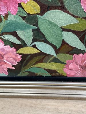 Artwork (Painting). N Brassington. Pink Peonies w/Green &amp; Black Accents. 28"W x 28"H