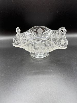 Glass/crystal. USA. Cambridge rose point handled basket. 6"W x 3.25"H