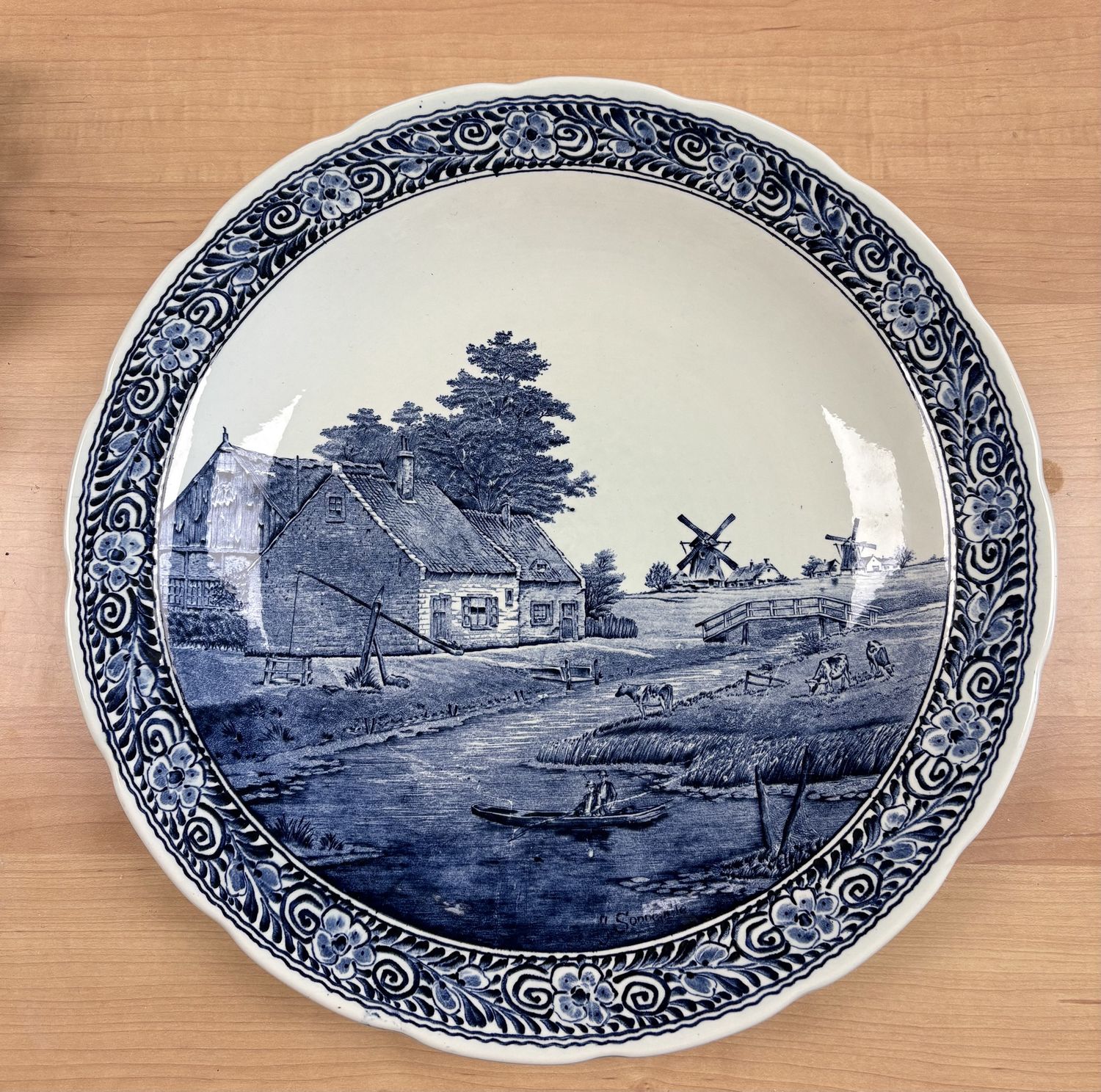 Ceramic. Belgium. Boch. Large Vintage Delft Blue &amp; Pale Green Decorative Wall Plate w/Hanger. 15.5&quot;W