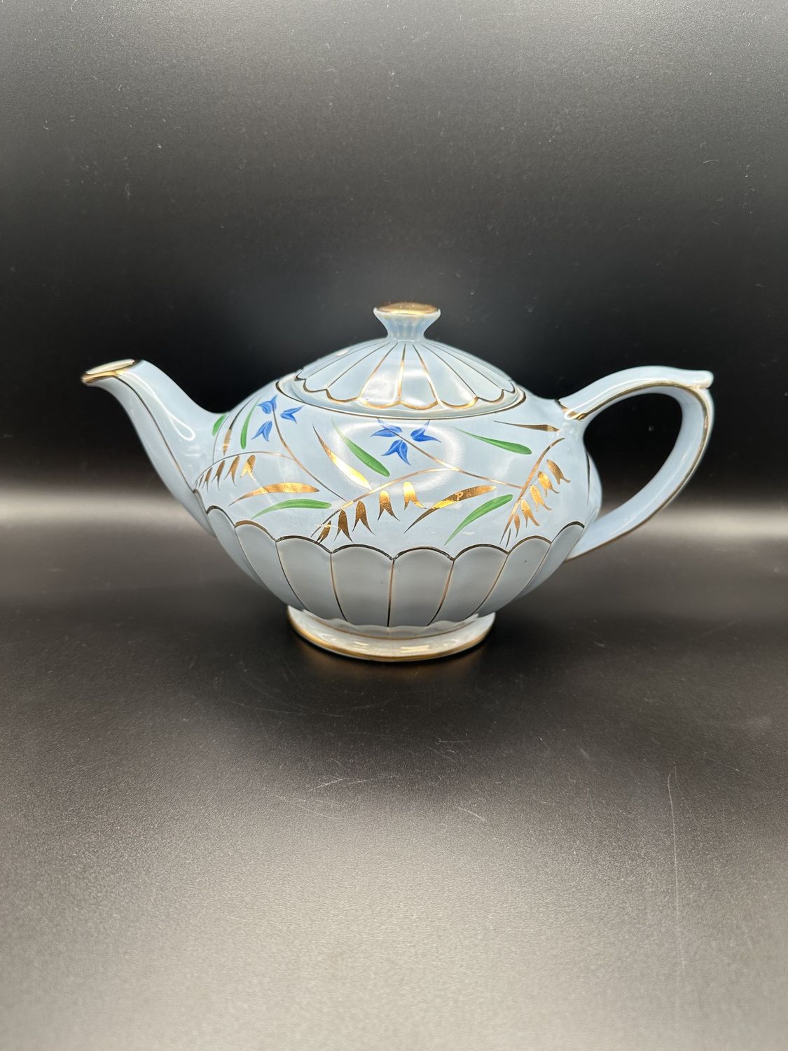 Porcelain. England. Sadler. Light Blue Teapot w/Gold Trim &amp; Floral Pattern.  9.5&quot;L