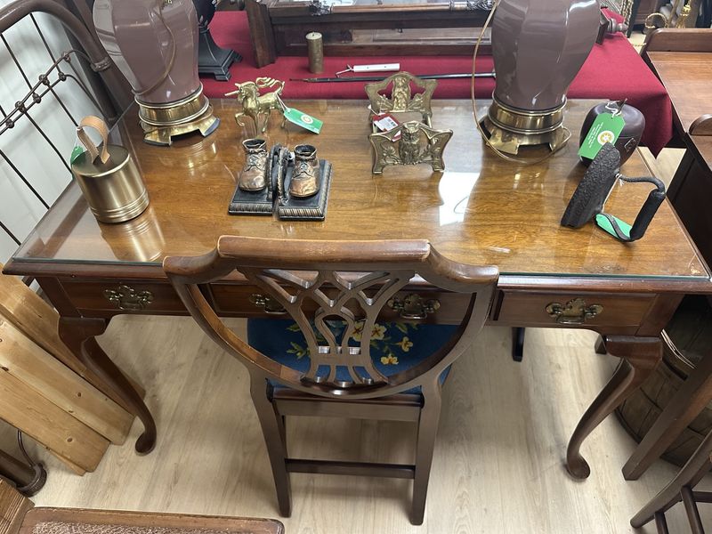 Furniture. USA. Desk - Executive. Wood. Queen Anne Style Legs. Glass Topper &amp; 3 Slim Horizontal Drawers. 48&quot;W x 25&quot;D x 30&quot;H