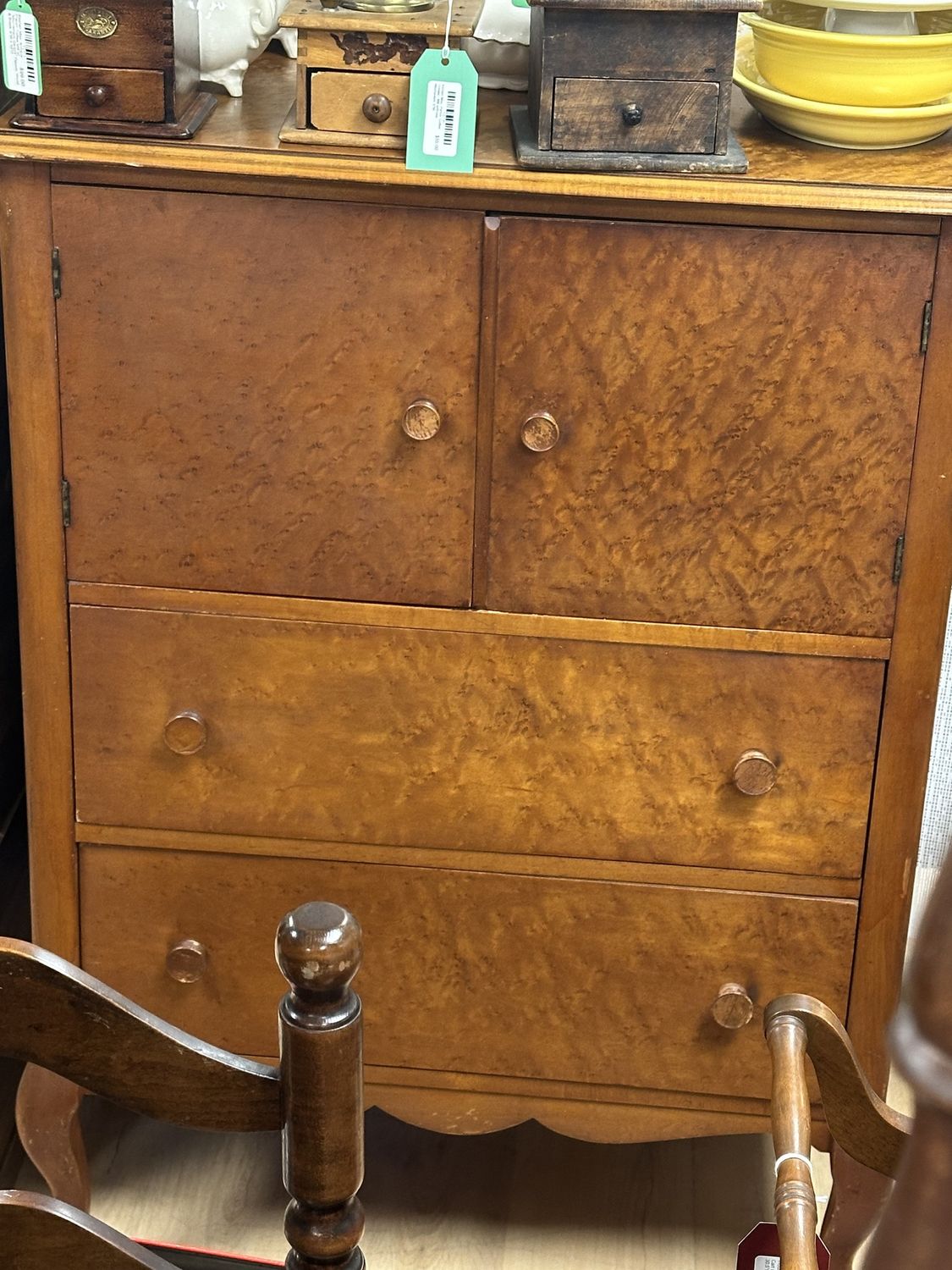 Furniture. Armoire Chest / Dresser w/2 Doors &amp; 3 Drawers. Birds-eye Maple. Vintage. 44.5&quot;H