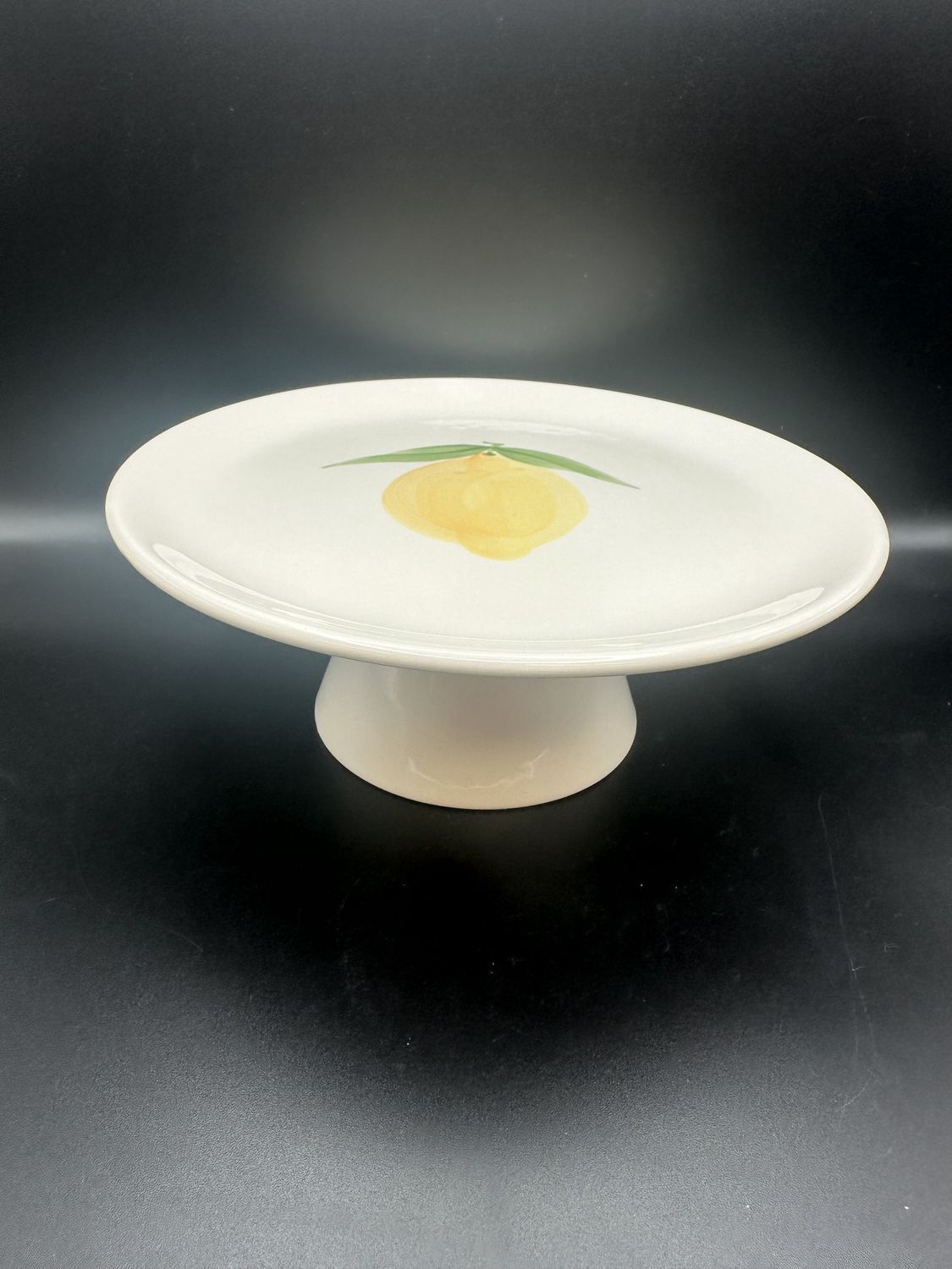 Ceramic. Portugal. Cake Stand. White w/Yellow Lemon. 9&quot;W
