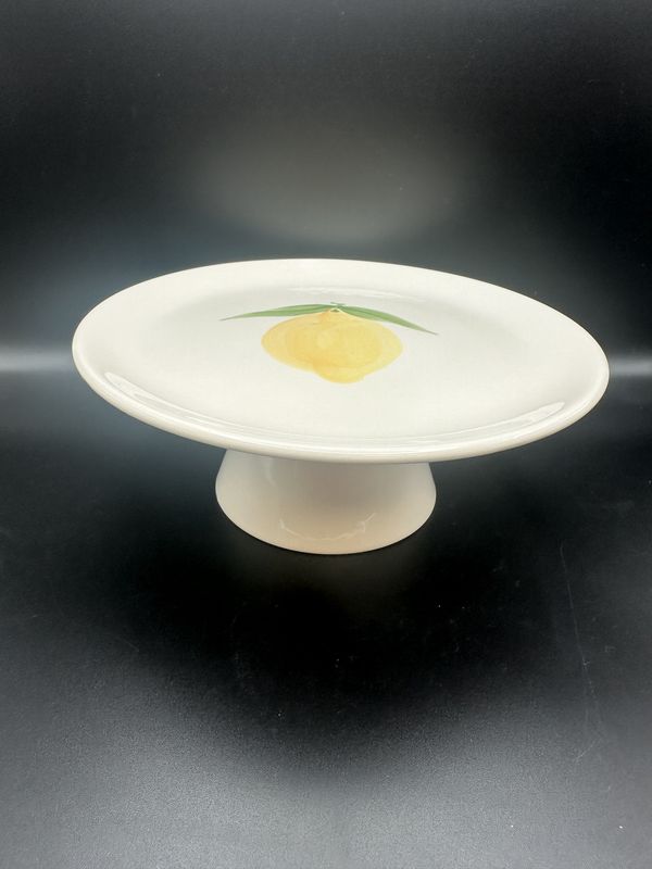 Ceramic. Portugal. Cake Stand. White w/Yellow Lemon. 9&quot;W