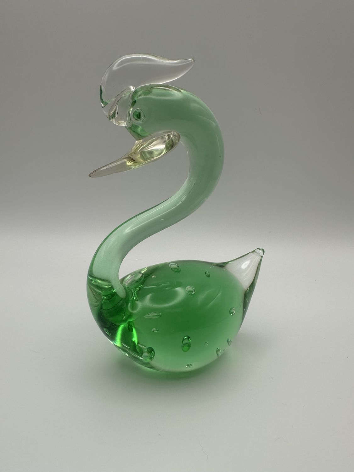Figurine. Italy. Handblown Glass Swan. Green. Vintage. 5.75&quot;H