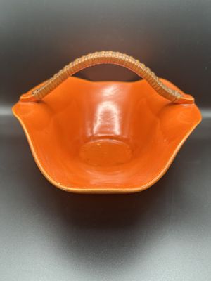 Ceramic. Basket. Orange w/Brown Woven Handle. 9.5"L x 11.5"W