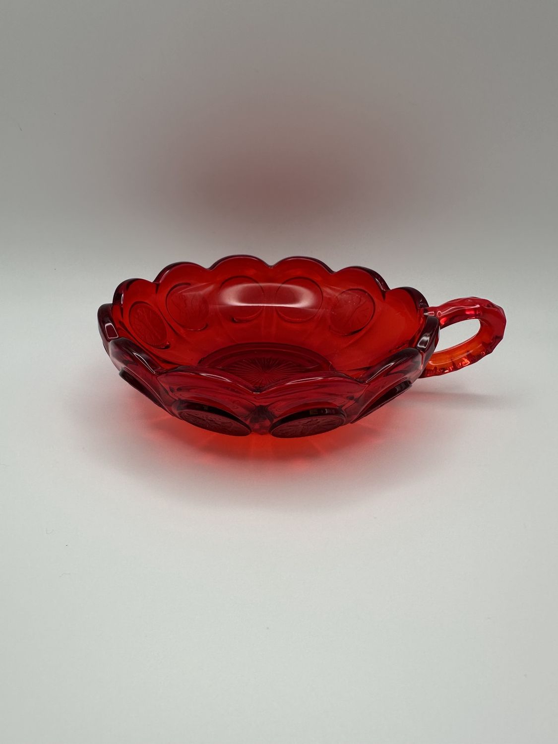 Glass. USA. Fostoria. Low Bowl w/Handle. Ruby Red Coin Design. 6.5&quot;W