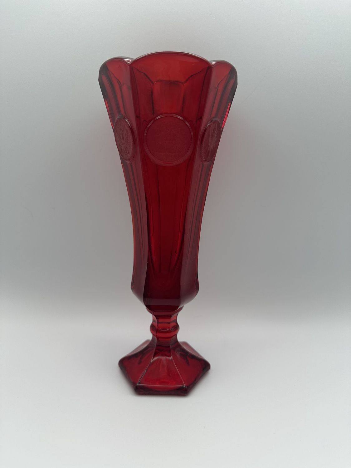 Glass. USA. Fostoria. Vase. Ruby Red Coin Design. 8&quot;H