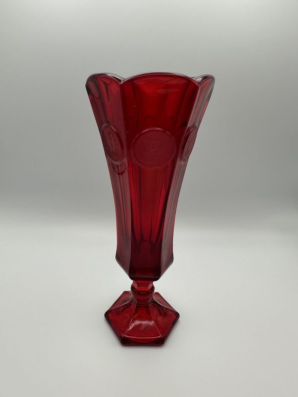 Glass. USA. Fostoria. Vase. Ruby Red Coin Design. 8"H