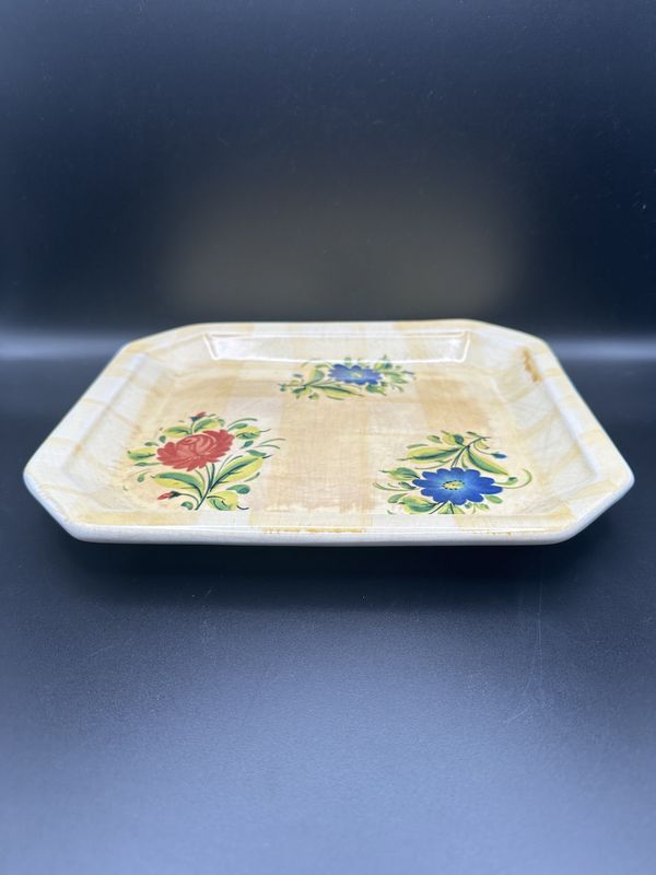 Ceramic. Italy. Ceramica Due Torri. Platter. Yellow w/Red &amp; Blue Flowers. 10.38&quot;W x 9&quot;L