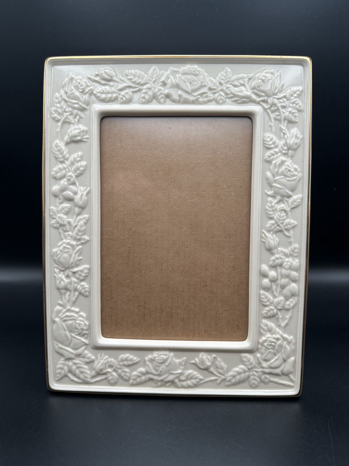 Home Decor. Lenox. Porcelain Masterpiece Picture Frame. Ivory Rectangle w/Embossed Rose Pattern. 7.5&quot;W x 9.75H