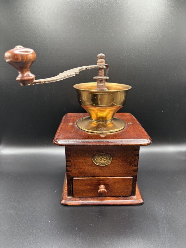 Kitchen Misc. France. Antique French Coffee Mill w/ &quot;Mouvement Garanti&quot; Plaque.  Wood &amp; Brass.  6&quot;W x 10&quot;H