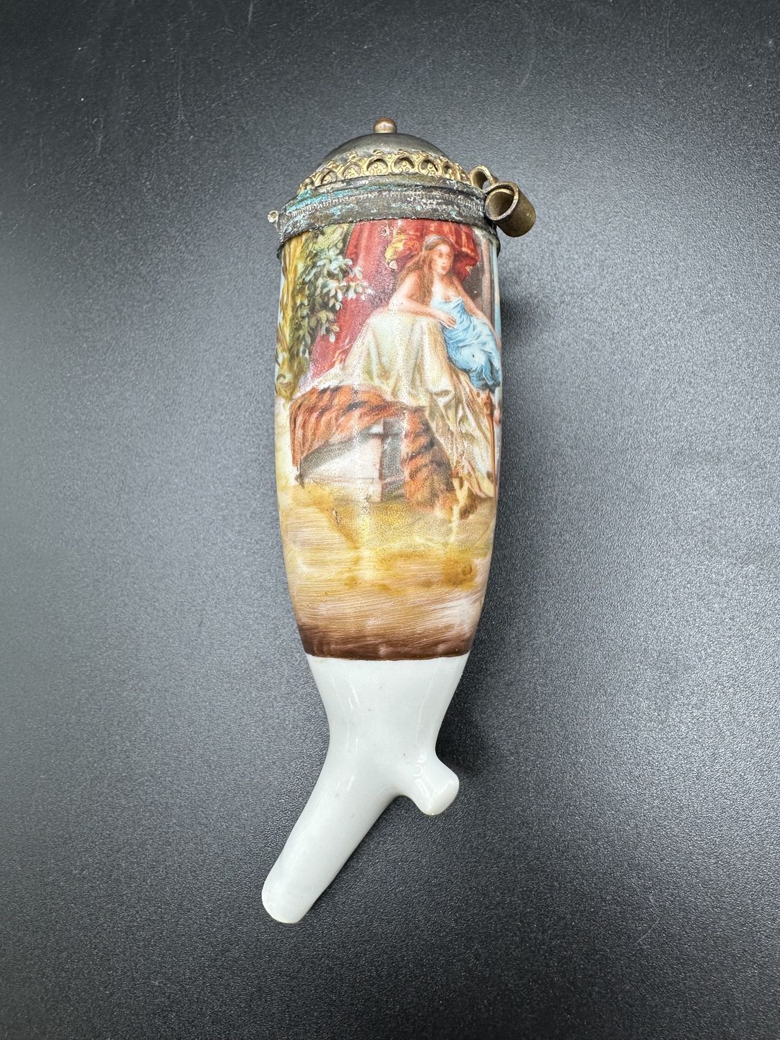 Collectible. Germany. Porcelain Pipe w/Metal Cap. Antique. 5.25&quot;H
