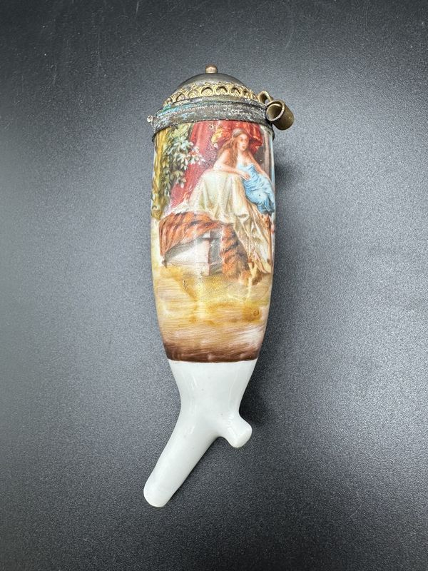 Collectible. Germany. Porcelain Pipe w/Metal Cap. Antique. 5.25&quot;H