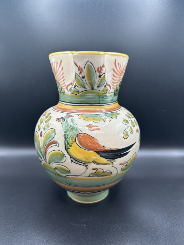 Pottery. Spain. Sanguino. Pitcher. Ivory Painted w/Yellow, Green, &amp; Brown Bird &amp; Leaves. Vintage. 8"H
