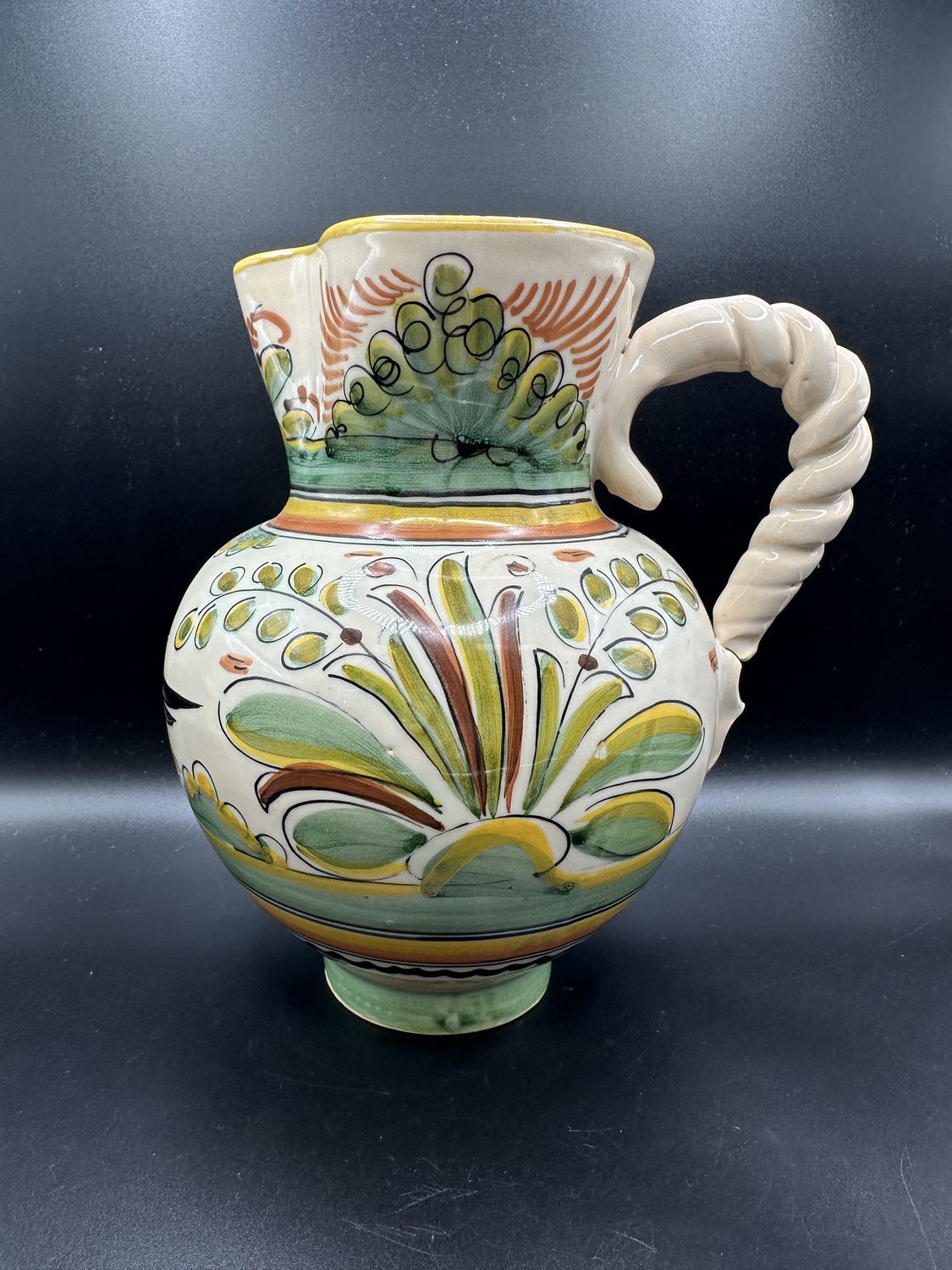 Pottery. Spain. Sanguino. Pitcher. Ivory Painted w/Yellow, Green, &amp; Brown Bird &amp; Leaves. Vintage. 8&quot;H